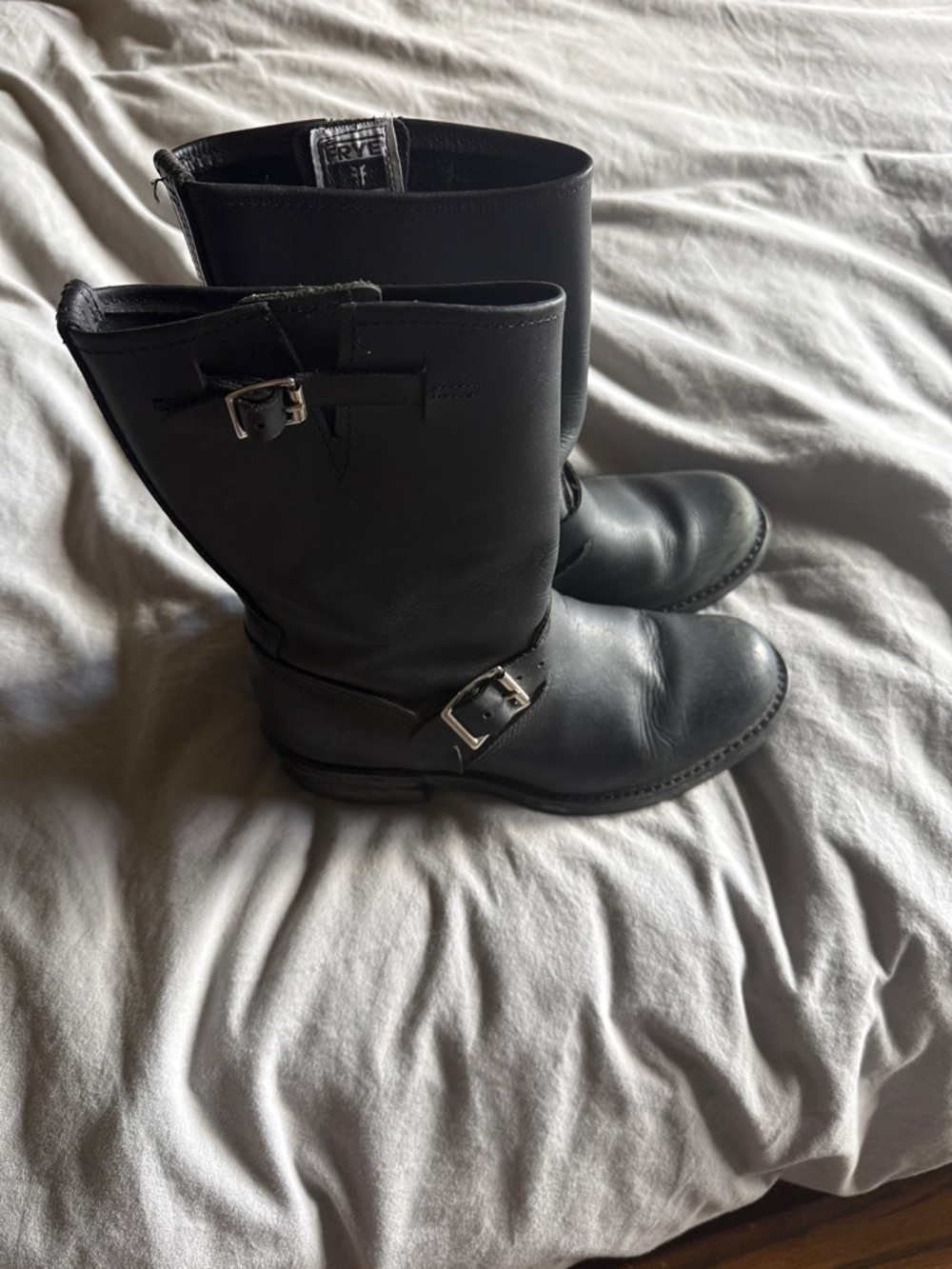 Frye Black Leather Mid-Calf Engineer Boots